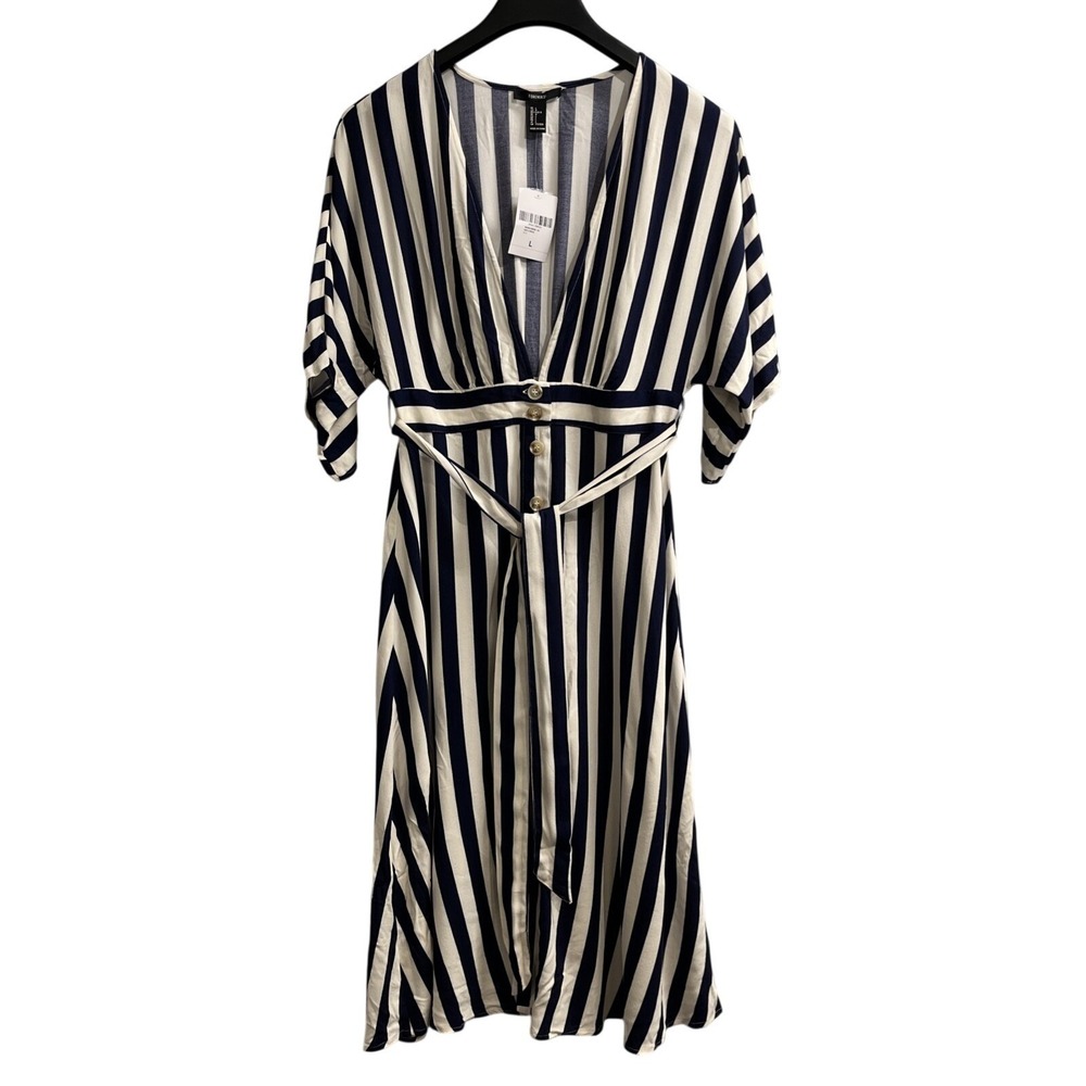 Forever 21 Dress Blue White Striped Button Down Midi Size L Nautical Coastal
